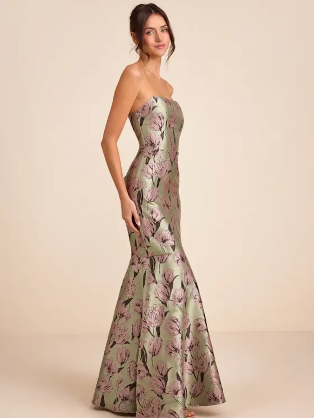 NWT. Strapless Floral Jacquard Mermaid Dress in Sage and Blush